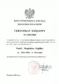 Magdalena Zajdlicz-Syta - Certyfikat Ksiegowy